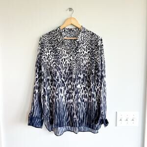 Elie Tahari Ingunn Animal Print Long Sleeve Button Up Shirt Black L